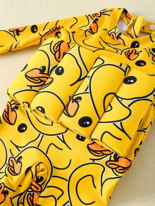 SHEIN 男女通用婴儿可爱小鸭图案长袖防晒泳衣，浮力泳衣，防晒泳装，适合游泳、海滩和度假 - 黃色 - 查看 4