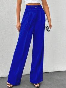 SHEIN Tall Tall Women's Solid Color High Waisted Wide Leg Pants - Royal Blue - View 4
