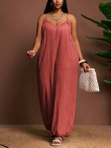 Slaydiva 2026 Spring/Summer Elegant Commute & Casual, Birthday Party, Graduation, Student Wear, Daily Outing, All-Match Versatile, Leisure, Vacation, Cruise Travel, Beach, Sunbathing, Viral Hit, Business Casual, Minimalist & Casual & Vacation & Outing Women's Suitable For Beach And Summer Wear Sleeveless Wide Leg Jumpsuit - Rose - Rose Red - View 5