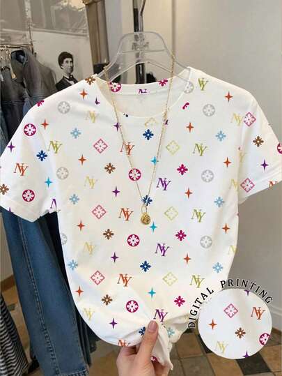 Teens' Sweet & Cool Colorful All-Over NY Letter, Star Print Cropped Round Neck Short Sleeve T-Shirt, Versatile Classic Retro Fashion Suitable For Girls, Teens, Women, Fitted, Comfortable For Everyday Wear, White Short Sleeve T-Shirt