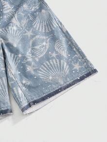 ROMWE Quần short Bermuda denim dáng rộng, họa tiết vỏ sò, có túi, dành cho nữ, kiểu dáng thường ngày. - Rửa nhẹ - Xem 4