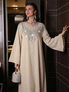 Al Najma Women's Elegant Apricot Long Sleeve Rhinestone Collar Floral Arabic Style Dress, Spring/Summer - Apricot - View 2