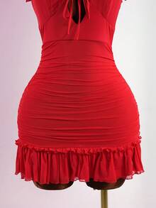 SaltGleam SaltGleam Đầm ngắn ôm sát gợi cảm dành cho nữ, cổ yếm, thắt nơ phía trước, khoét lưng, thân áo xếp ly, viền bèo nhún. - Đỏ - Xem 3