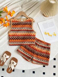 SHEIN 2pcs Tween Girl Knit Striped Crew Neck Casual Tank Top And Shorts Set - Multicolor - View 3