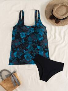 Swim Lushoire Conjunto de 2 piezas de traje de baño tipo tankini para mujer con parte superior de cuello redondo y tirantes estampada al azar y Bottom de cintura alta sólida en negro, para uso casual en la playa y vacaciones, primavera/verano - Multicolor - Ver 3