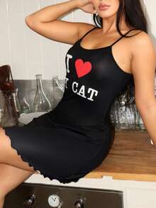 Lowkey Lull Women's Minimalist Printed Camisole Nightgown - Black - View 5