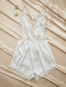Charlaine Women Lace Trim Backless Camisole & Shorts Pajama Set - White - View 2
