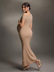 Cheriluna Maternity Maternity Solid Color Asymmetric Neckline Fitted Rhinestone Decor Photoshoot Dress - Apricot - View 2