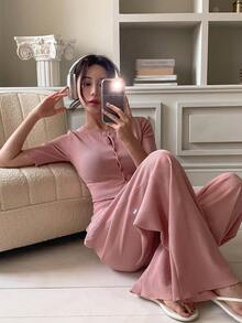 DAZY Bộ đồ mặc nhà mùa hè thoải mái gồm áo khoác và quần màu hồng nhạt cho nữ, gồm 2 món: áo khoác và quần, thích hợp mặc ở nhà. - Hồng - Xem 1