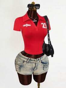 Mistrie 女士字母数字印花休闲百搭日常短袖T恤 - 紅色 - 查看 5