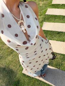 Muchica Summer Dresses Polka Dot Yellow Polka Dot Print Mesh Plunging Neck Backless Dress - Yellow - View 4