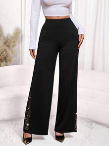 SHEIN PETITE Ladies Elegant Mesh & Glitter Splice Black Slim Straight Leg Pants, Fit For Commuting, Casual And Daily Wear, Spring/Summer - Black - View 8