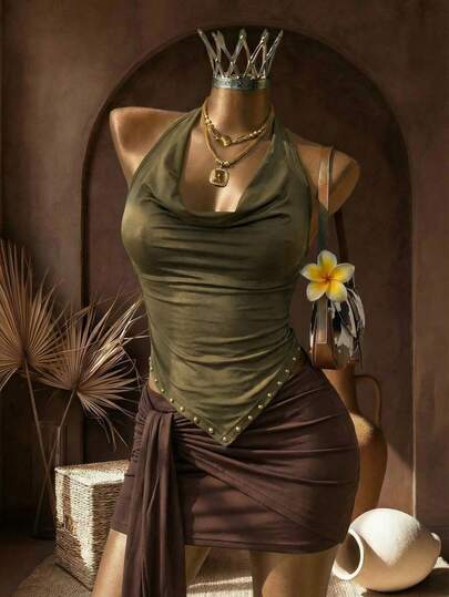 Elin Vora Women's New Arrivals Summer Spring Vacation Season Beach Y2K Music Festival Hot Girl Sexy Concert Party Girlfriends Party Music Festival Studded Halter Neck Tank Top Spring Summer Autumn Hot Girl Tank Top Green Army Green Top Asymmetrical Hem Halter Neck Top Beaded Studded Western Cowboy Suspender Bohemian Army Green Halter Neck Suspender Boho Knitted Fitted Tank Top Halter Neck Top