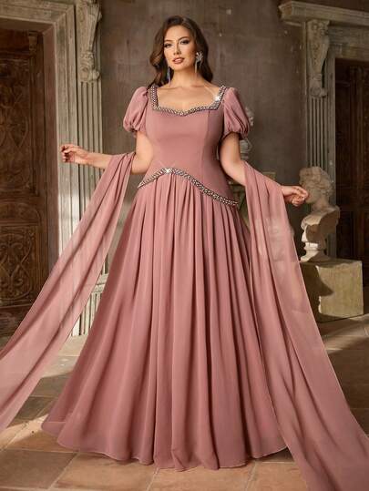 Aureia Plus Size Elegant Romantic Sweetheart Neck Puff Sleeve Embroidered & Rhinestone Decor A-Line Dress, Suitable For Wedding, Party, Formal Occasion, Banquet