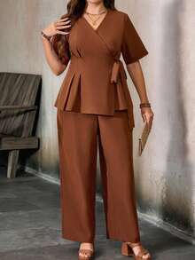 EMERY ROSE Plus Size Women's Solid Color Oblique Placket Bow Tie Waist Shirt And Pants 2 Pieces Set, Casual Vacation & Commute Outfit - Mocha Brown - View 1