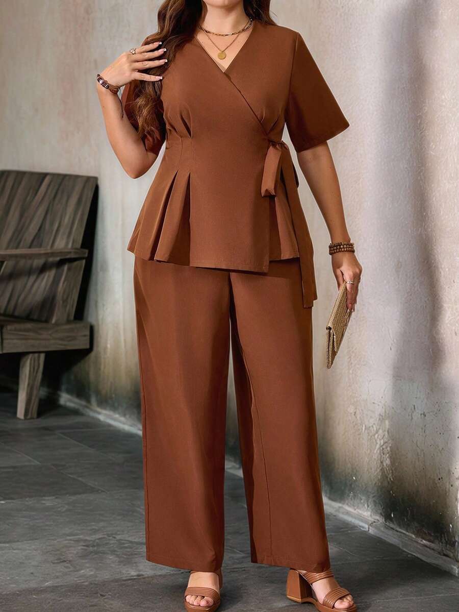 EMERY ROSE Plus Size Women's Solid Color Oblique Placket Bow Tie Waist Shirt And Pants 2 Pieces Set, Casual Vacation & Commute Outfit - Mocha Brown - View 1