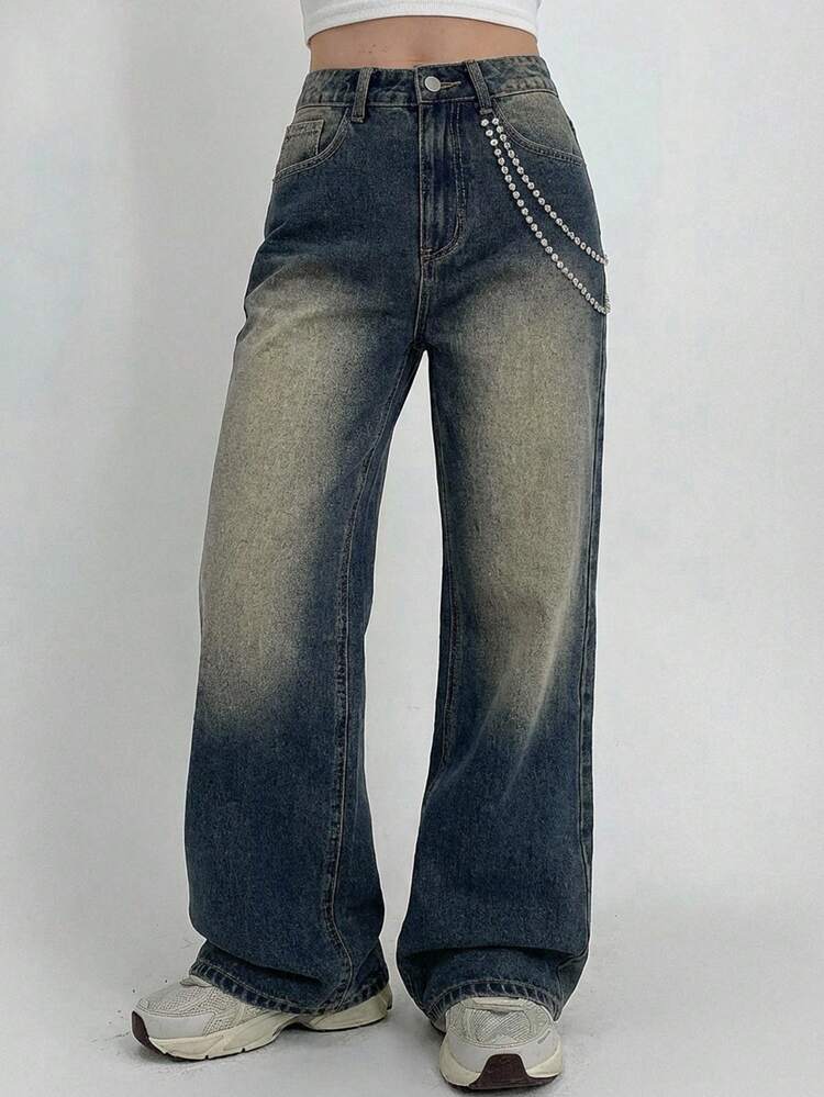 Women's Loose Wide Leg Jeans, Western Cowgirl Style, Distressed Wash, Rhinestone Decor, Casual Street Wear, Spring/Summer