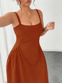 SHEIN Clasi Đầm trơn màu trơn, cổ thấp, không tay, thắt eo, dáng thanh lịch, cỡ lớn dành cho phụ nữ - trái cam - Xem 6