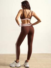 VARSIVA 女士拼接撞色运动文胸上衣和紧身裤休闲日常健身瑜伽运动服套装 - 彩色 - 查看 4