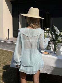DAZY Women's Summer Vacation Ruffle Trim Sheer Blouse & Shorts 2 Pieces Set - Blue - View 3