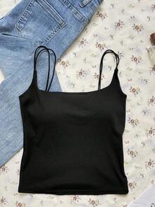 Tseoso 这款休闲百搭的黑白灰罗纹吊带背心，内置衬垫胸罩，适合全年穿着，居家、运动、西部风情音乐节、可爱返校造型、复古Y2K风格、柔美清新少女风、Z世代、姐妹会风格、夏季骑行、瑜伽和运动服等各种场合。 - 黑色 - 查看 7