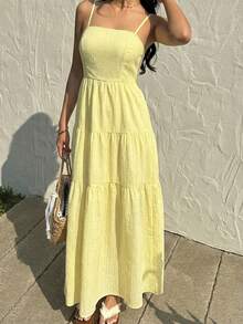 Sunnyshic Women's Yellow Spaghetti Strap Midi Dress With Waist Cinching And A-Line Silhouette, Suitable For Beach, Vacation, Casual Outing, Date, Versatile All-Match, Fashionable, Spring/Summer, Back To School Season - Yellow - View 4