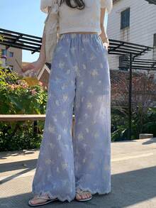 DAZY Women's Design Sense Wide Leg Pants, Embroidered Striped Korean Style Casual Trousers - Blue - View 8