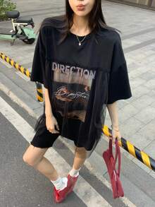 DAZY Women's Round Neck Printed 2 In 1 Korean Style Mesh Patchwork Short Sleeve T-Shirt Graphic Tees Women - Black - View 10