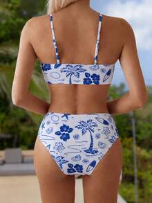 Swim Lushoire Women's Summer Beach Casual Vacation Travel Ocean Random Print Bandeau Top And Sexy High Waist Bikini Bottom 2-Piece Swimsuit - Blue and White - View 2