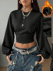 Coolane 休闲简约黑色蓬松面料卫衣，女士长袖收腰卫衣，百搭街头风，适合秋冬季穿着 - 黑色 - 查看 6