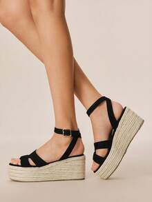 Styleloop 女士编织草绳交叉绑带高跟圆头凉鞋 - 黑色 - 查看 2