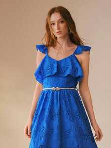 MOTF PREMIUM VESTIDO LARGO DE MUJER CON PATRÓN DE MARIPOSA BORDADO, VOLANTES Y CINTURÓN - Azul - Ver 4