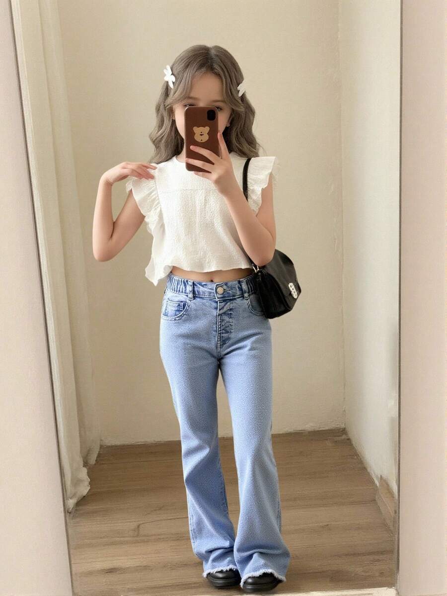 SHEIN Jeans ajustados elásticos de mezclilla desgastados para niñas, azul claro lavado casual - Lavado ligero - Ver 1