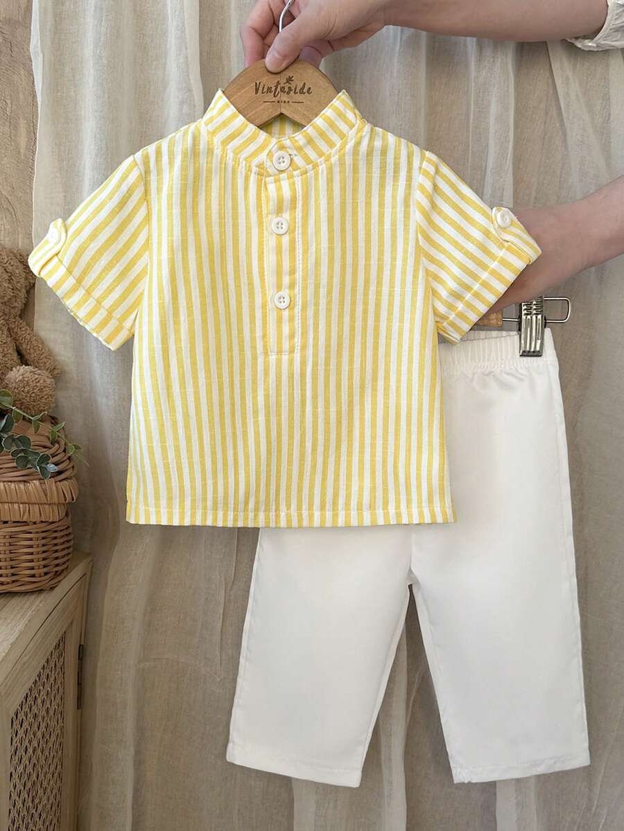SHEIN Vintaside Kids 男婴休闲条纹polo衫+松紧腰条纹裤两件套，适合生日派对、晚宴、演出、婚礼、婴儿派对等场合。 - 黃色 - 查看 1