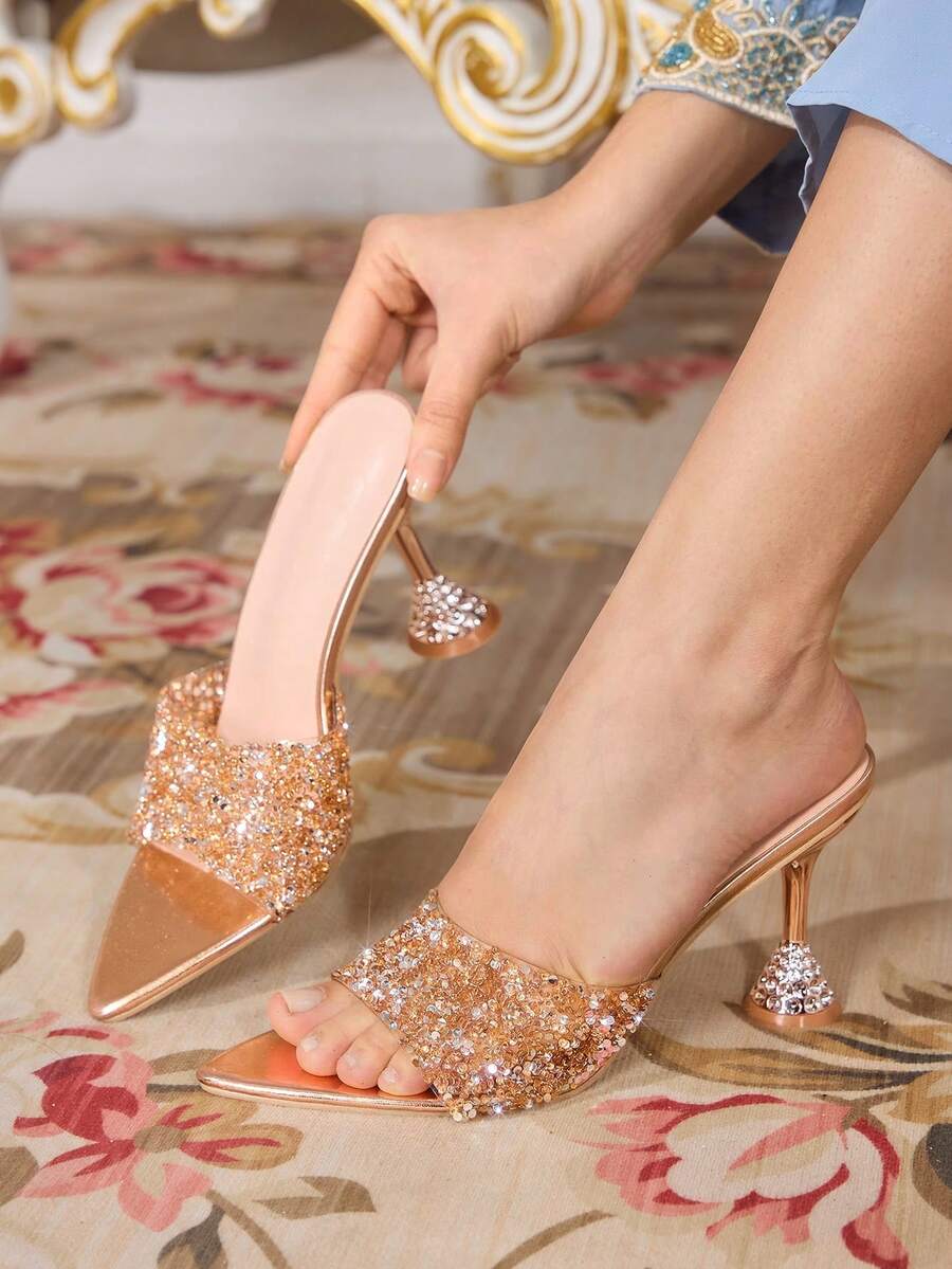 CUCCOO TILAWA 女士夏季水晶踝带尖头细高跟凉鞋，性感细高跟透明PVC拼接白色PU派对夜店鞋 - 香檳色 - 查看 1