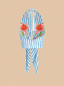 Travachic 条纹印花露背系带上衣，适合嘉年华、春夏、情人节、嘉年华服装、派对优雅上衣、海滩装扮、婚礼宾客上衣、夏季度假穿着，印花图案，休闲款式，条纹露背设计。 - 彩色 - 查看 2