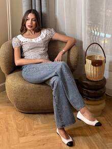 SHEIN PariChic 复古棕白格子泡泡袖上衣，镂空蕾丝彼得潘领收腰短款衬衫，适合约会和通勤，显瘦又迷人的格子衬衫，精致蕾丝领口设计，棕白格子泡泡袖收腰衬衫 - 彩色 - 查看 6