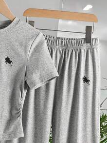 Tween Girl Embroidered Crew Neck Short Sleeve T-Shirt And Elastic Waist Pants Casual Outfit - Grey - View 9
