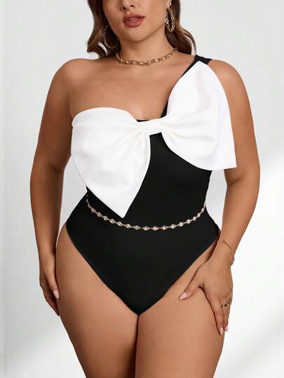 Firerie Plus Size Women's Colorblock Butterfly Decor Bodysuit, Fashionable & Versatile For Date & Outing