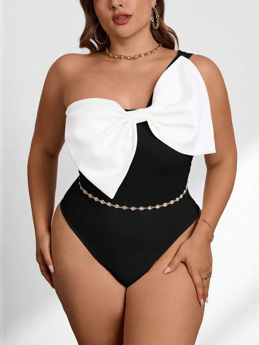 Firerie Plus Size Women's Colorblock Bow Decor Bodysuit, Fashionable & Versatile For Date & Outing - Black and White - View 1
