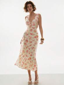 Poéselle Women Multicolor Boho Random Floral Print Long Tank Dress With Deep V Neck And Flared Hem Sleeveless Ruffle Details - Multicolor - View 2