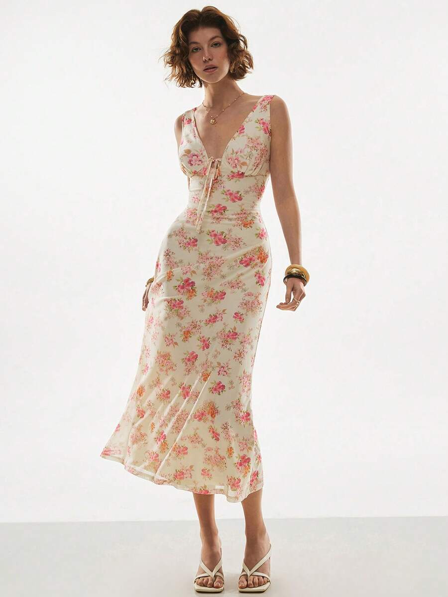 Poéselle Women Multicolor Boho Random Floral Print Long Tank Dress With Deep V Neck And Flared Hem Sleeveless Ruffle Details