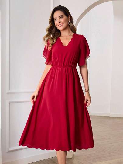 Miaspire Vestido de mujer de longitud media con adorno de concha de unicolor elegante, conjunto de vestir de vacaciones de verano para mujer, vestido de primavera y verano, vestido de longitud a la rodilla, vestido del Día de San Valentín, vestidos rojos para mujer, vestido para salir