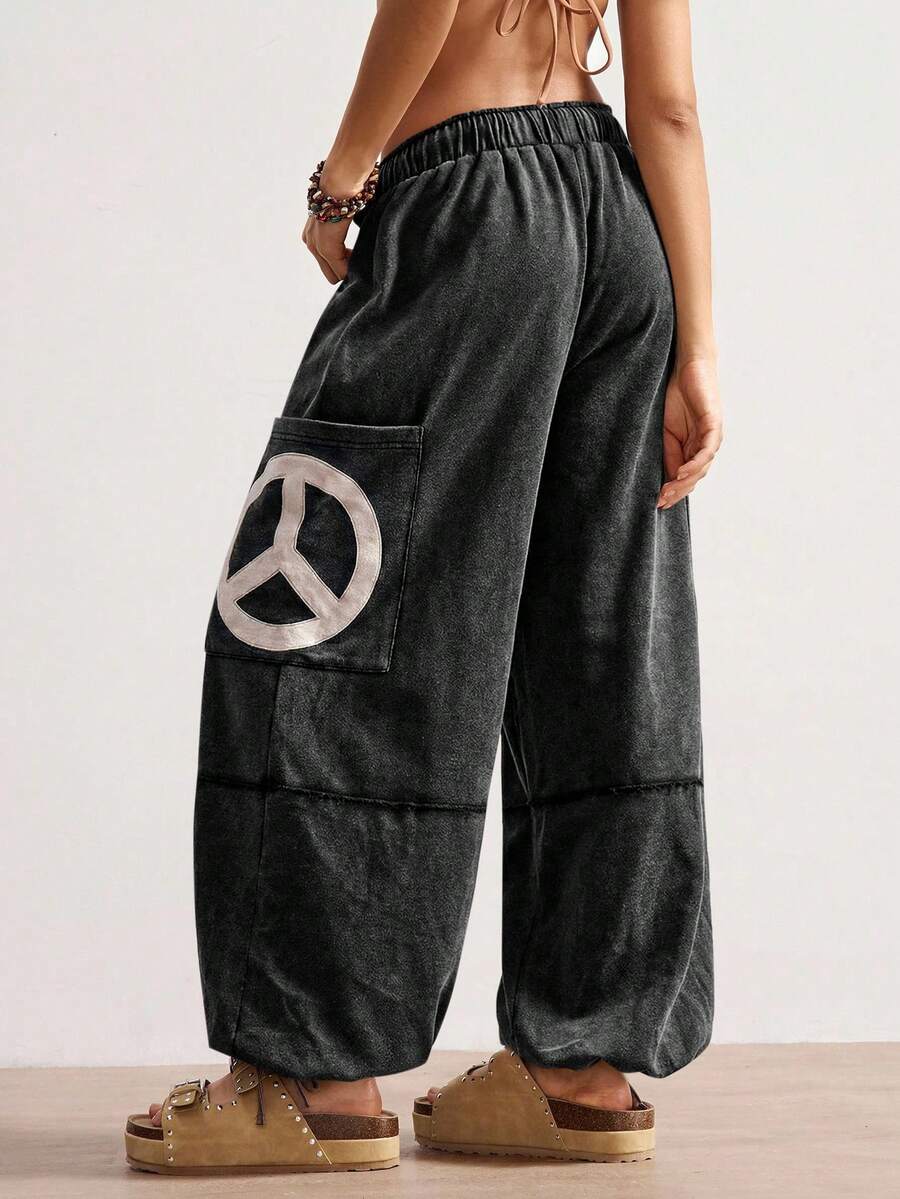 Bohemela Pantalones holgados de punto con cordón, unicolor, con bordado de signo de paz, estilo bohemio casual de vacaciones para mujeres - Negro - Ver 1