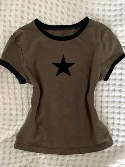 Glimmora Women's Summer Casual T-Shirt, Personalized Contrast Color Sleeve, Classic Five-Pointed Star Print Pattern, Retro Color, Elegant, Daily Wear, Relaxed Fit