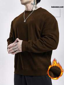 Manfinity Sport PWRUP Men's Casual Everyday Commute Barbell Embroidery Crew Neck Thermal Lined Warm Sweatshirt, Autumn/Winter - Camel - View 1