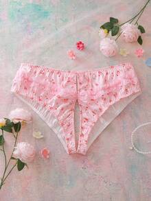 Plus Size Romantic Floral Print Lace Patchwork Open Crotch Panties, Lingerie - Pink - View 1