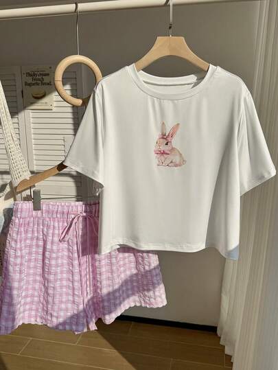Comfortcana 大码女式卡通兔子印花短袖T恤和格子短裤休闲两件套