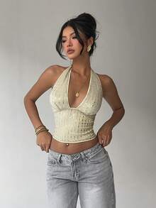 Aloruh Áo kiểu nữ gợi cảm buộc dây sau cổ, đính sequin, thích hợp cho mùa xuân, đi chơi, thanh lịch, gợi cảm, phù hợp đi club, dự tiệc. - Nhiều màu - Xem 5