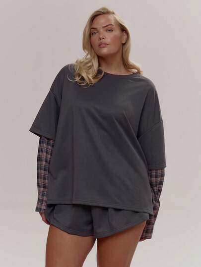 MUSERA Plus Size Checked Layered Long Sleeve Top Cute Cosy Spring Everyday Sugar Swizzle